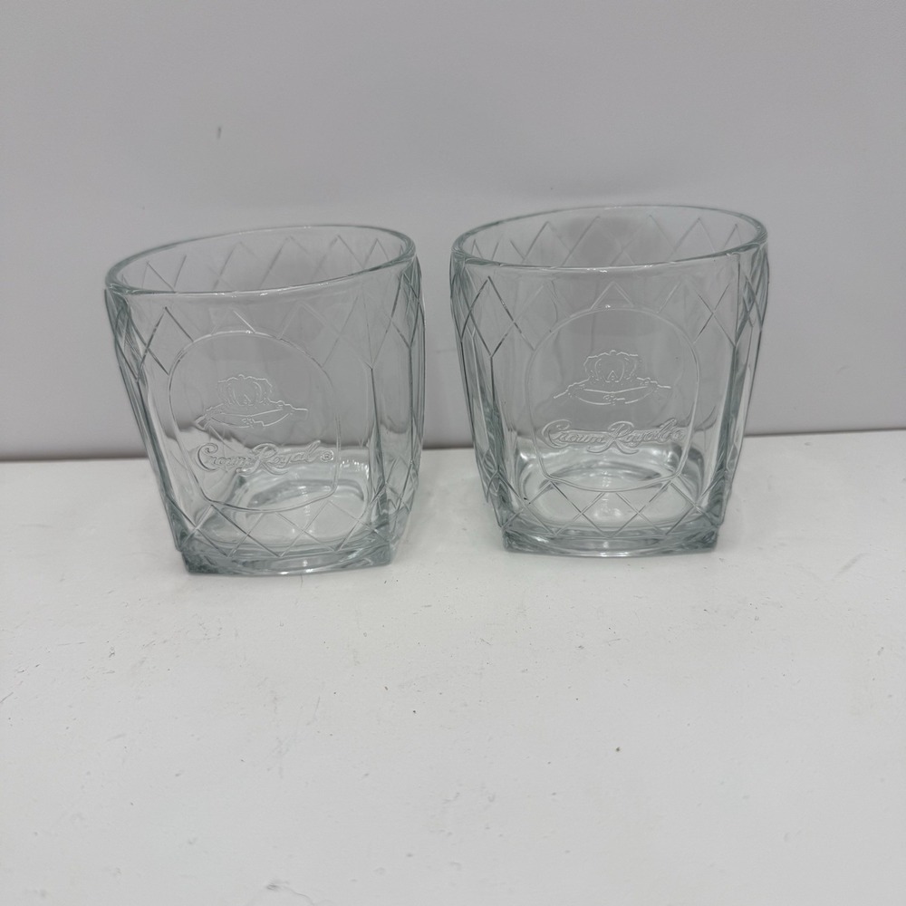 2 Royal Crown Highball Whiskey Glasses Tumblers Rocks Raised Logo Crystal EUC